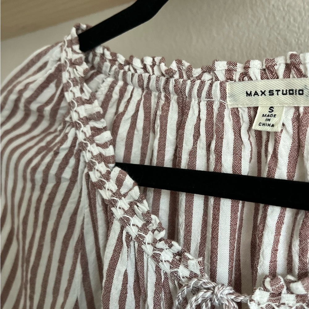 𝅺MAX Studio Long Sleeve Striped Ivory and Brown Blouse. Size Small. EUC. - Picture 3 of 7